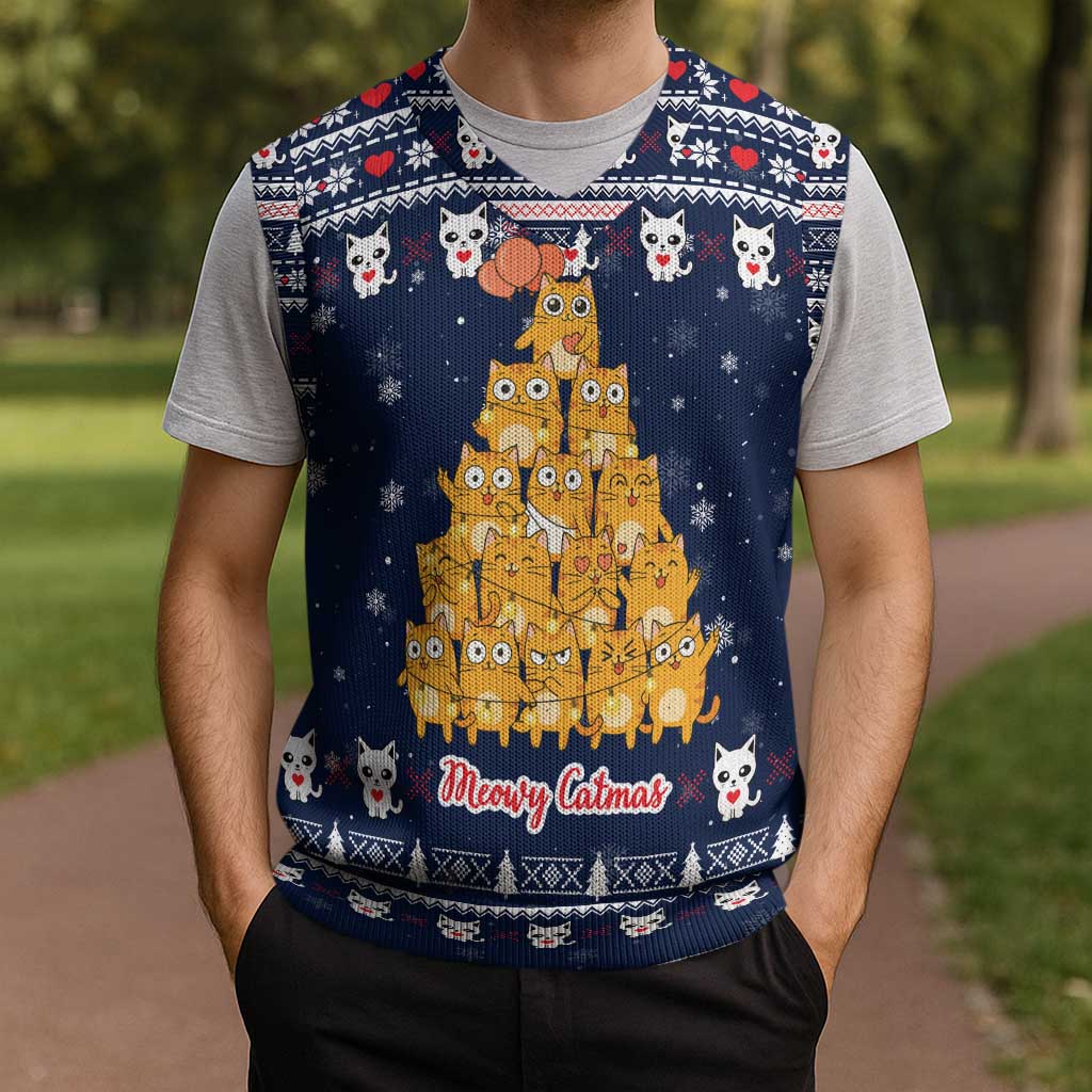 Meowy Catmas Christmas Knitted V-Neck Vest with Orange Cats Christmas Tree and Snowflake Pattern Design - Wonder Print Shop