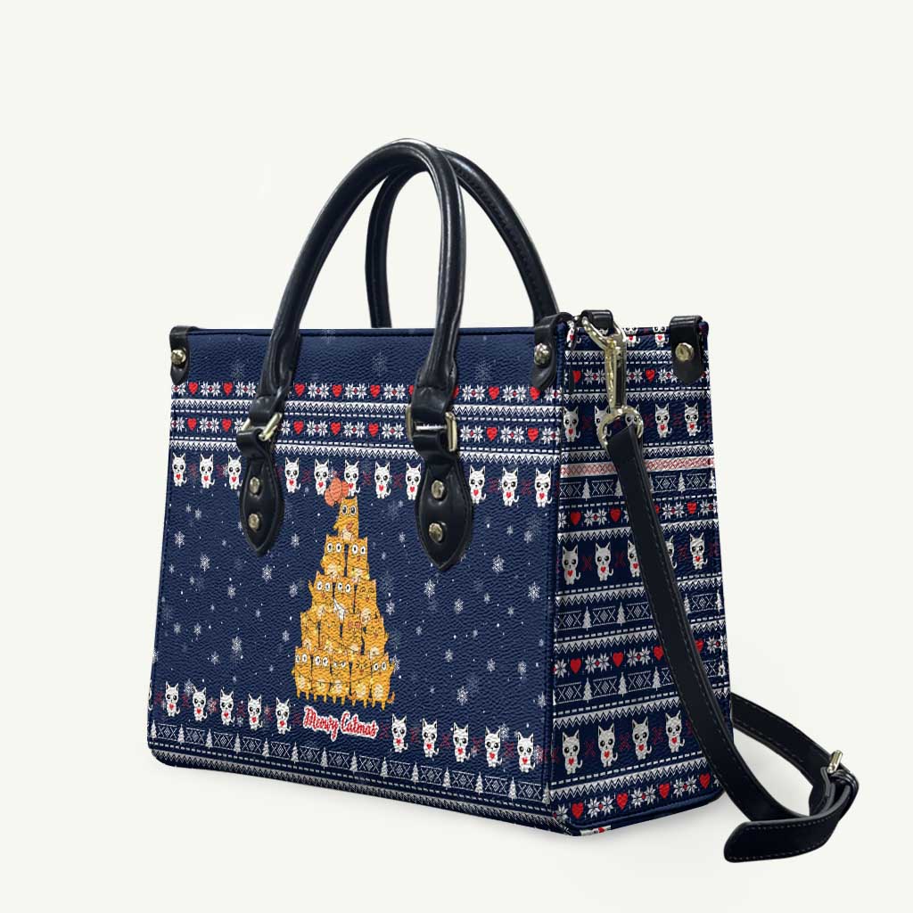 Meowy Catmas Leather Bag with Orange Cats Christmas Tree and Snowflake Pattern Design - Wonder Print Shop