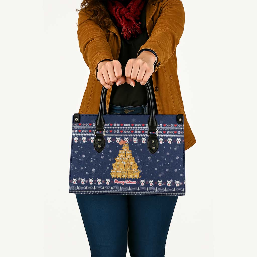 Meowy Catmas Leather Bag with Orange Cats Christmas Tree and Snowflake Pattern Design - Wonder Print Shop