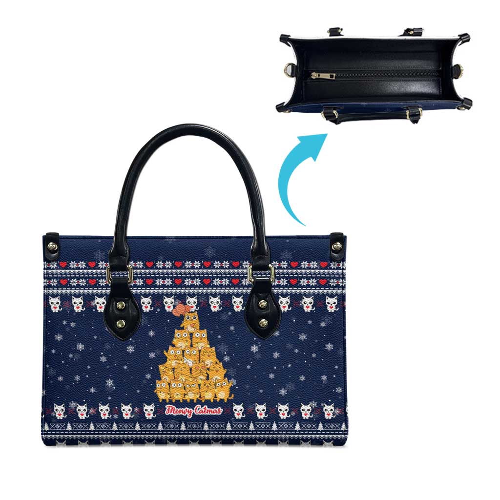Meowy Catmas Leather Bag with Orange Cats Christmas Tree and Snowflake Pattern Design - Wonder Print Shop