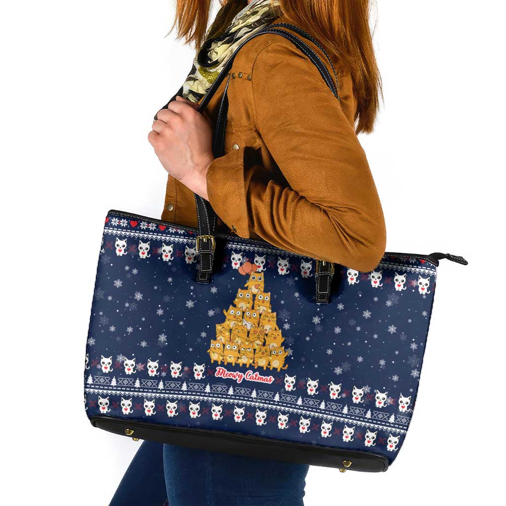 Meowy Catmas Leather Tote Bag with Orange Cats Christmas Tree and Snowflake Pattern Design - Wonder Print Shop