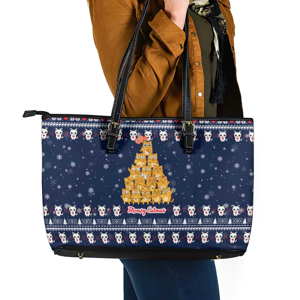 Meowy Catmas Leather Tote Bag with Orange Cats Christmas Tree and Snowflake Pattern Design - Wonder Print Shop