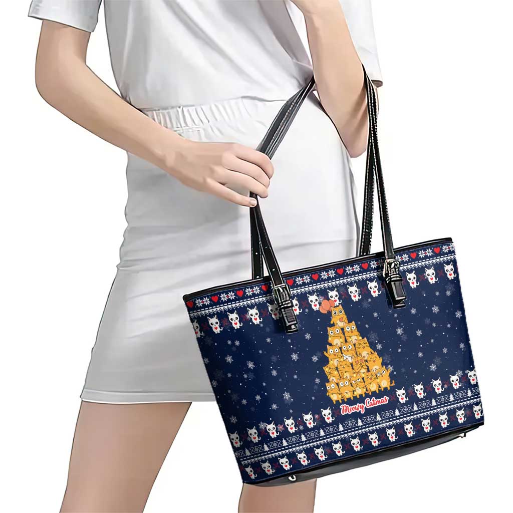 Meowy Catmas Leather Tote Bag with Orange Cats Christmas Tree and Snowflake Pattern Design - Wonder Print Shop