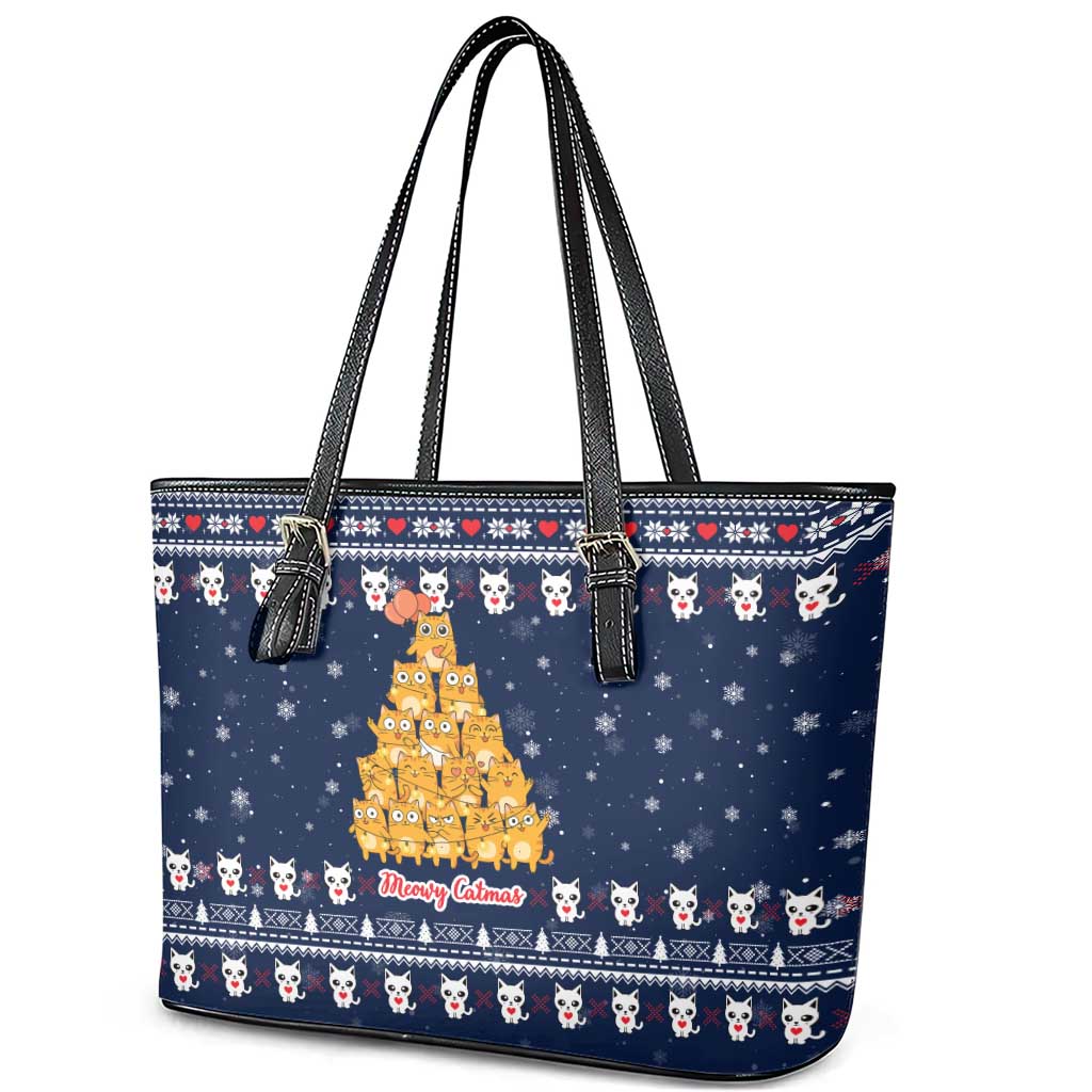 Meowy Catmas Leather Tote Bag with Orange Cats Christmas Tree and Snowflake Pattern Design - Wonder Print Shop