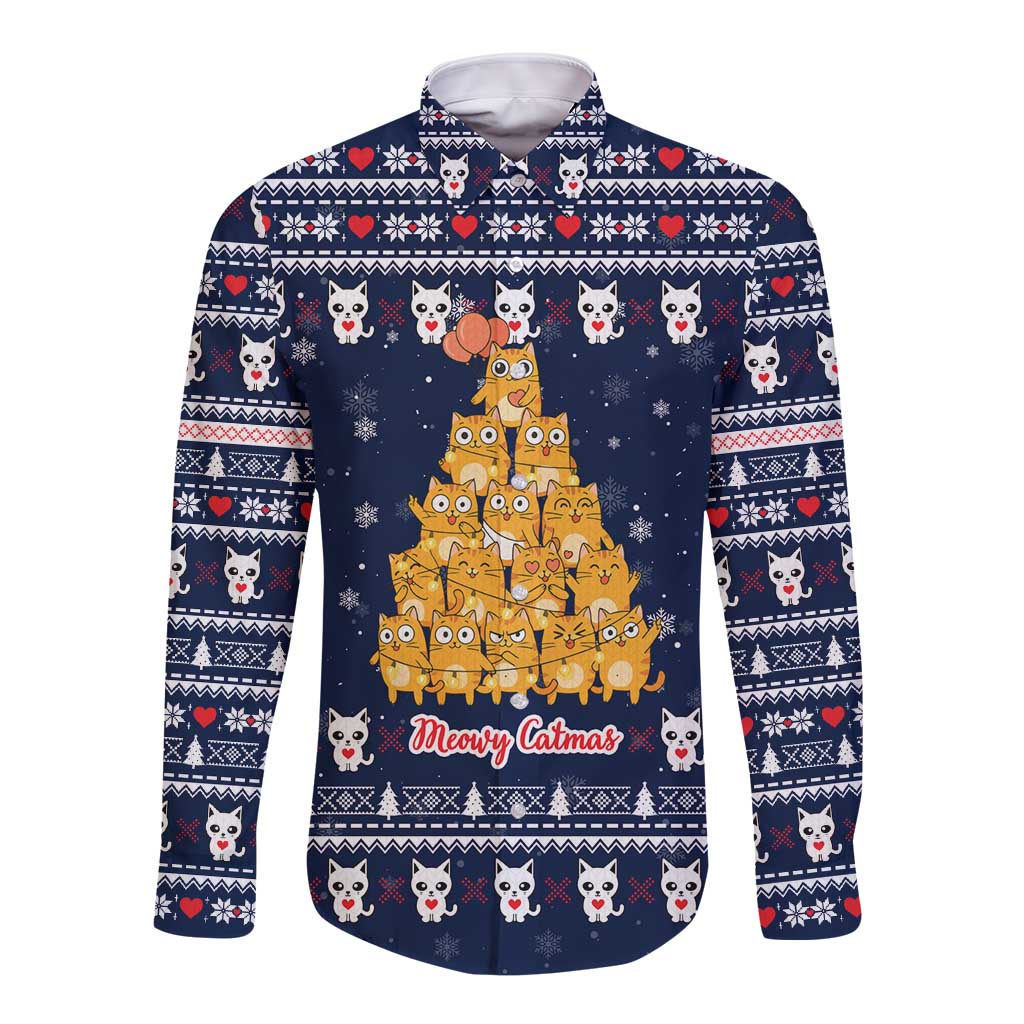 Meowy Catmas Long Sleeve Button Shirt with Orange Cats Christmas Tree and Snowflake Pattern Design - Wonder Print Shop