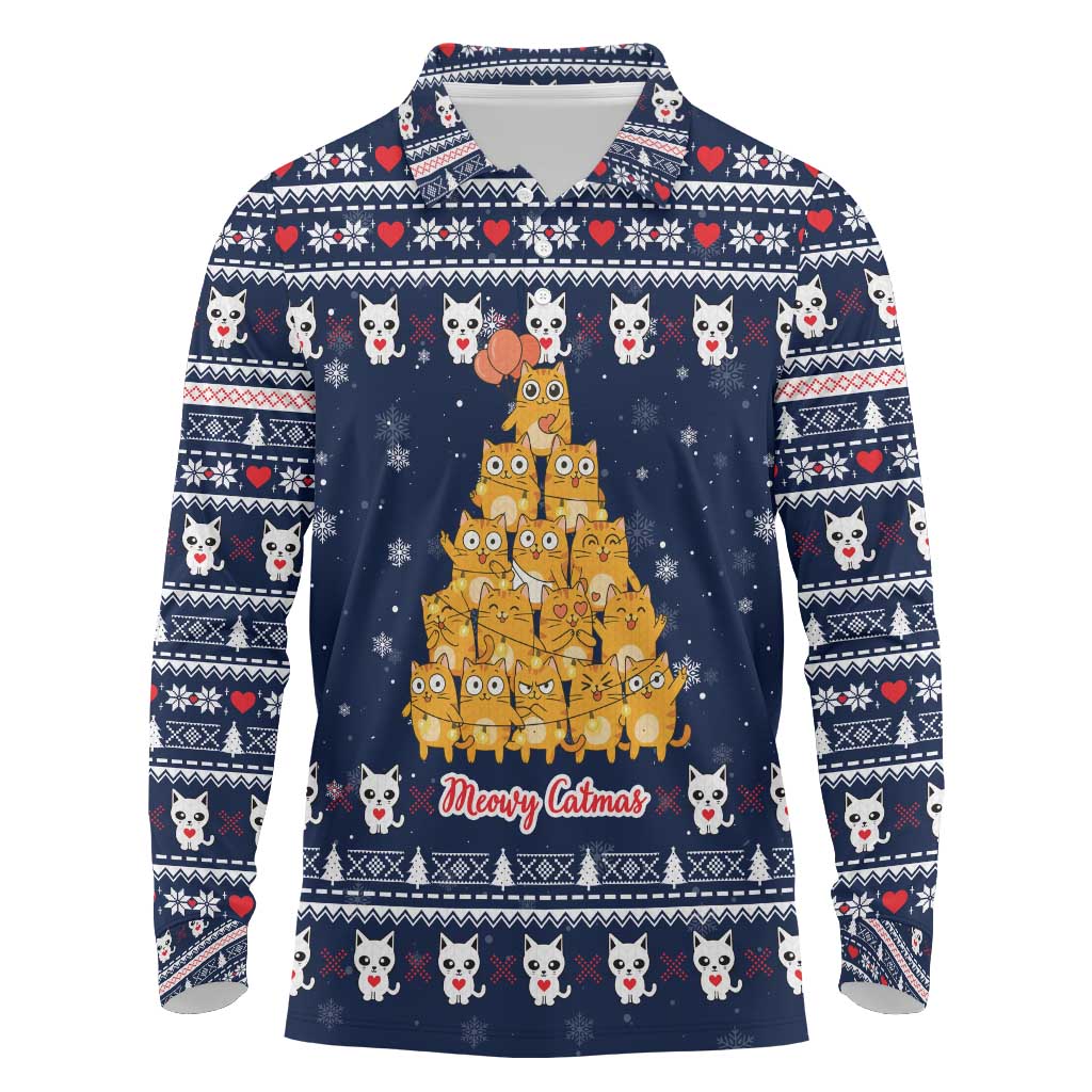 Meowy Catmas Long Sleeve Polo Shirt with Orange Cats Christmas Tree and Snowflake Pattern Design - Wonder Print Shop