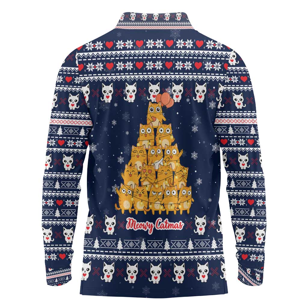 Meowy Catmas Long Sleeve Polo Shirt with Orange Cats Christmas Tree and Snowflake Pattern Design - Wonder Print Shop