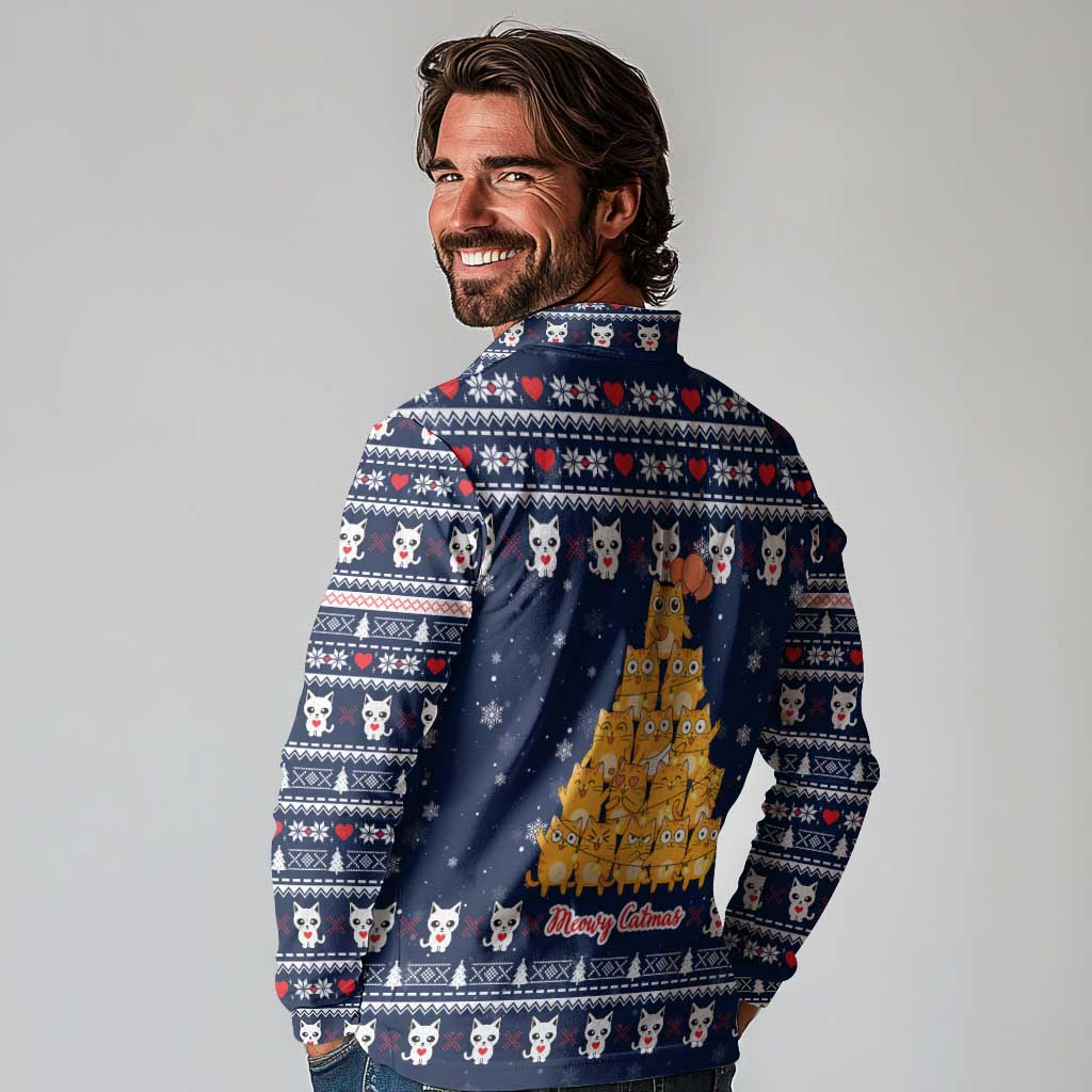 Meowy Catmas Long Sleeve Polo Shirt with Orange Cats Christmas Tree and Snowflake Pattern Design - Wonder Print Shop