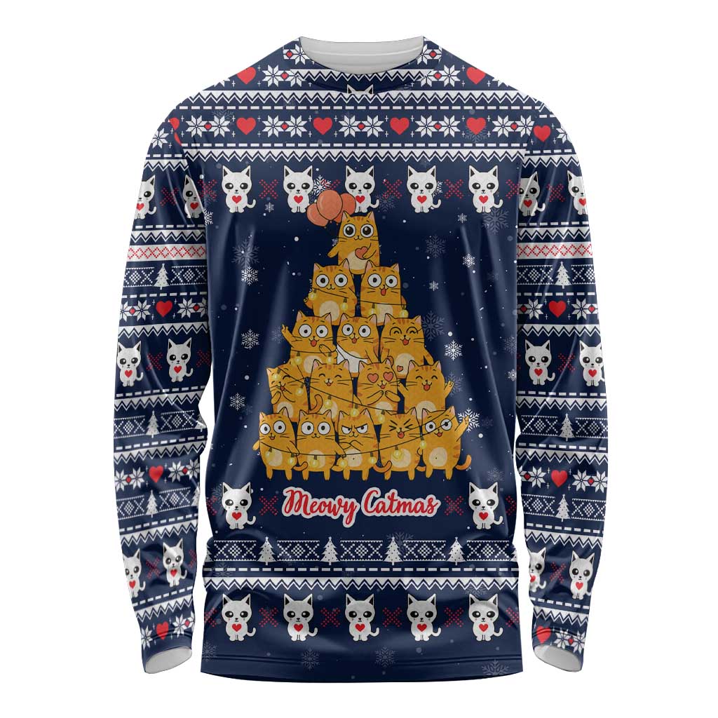 Meowy Catmas Long Sleeve Shirt with Orange Cats Christmas Tree and Snowflake Pattern Design - Wonder Print Shop