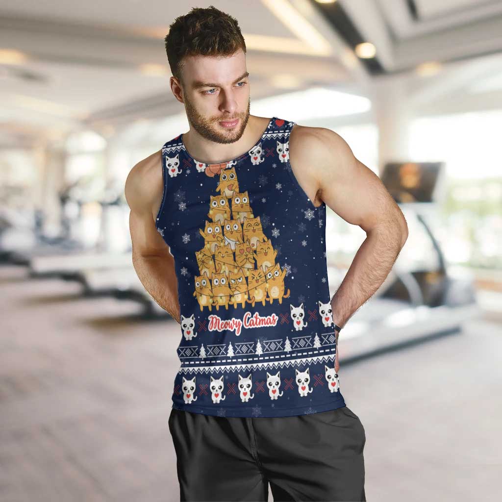 Meowy Catmas Men Tank Top with Orange Cats Christmas Tree and Snowflake Pattern Design - Wonder Print Shop