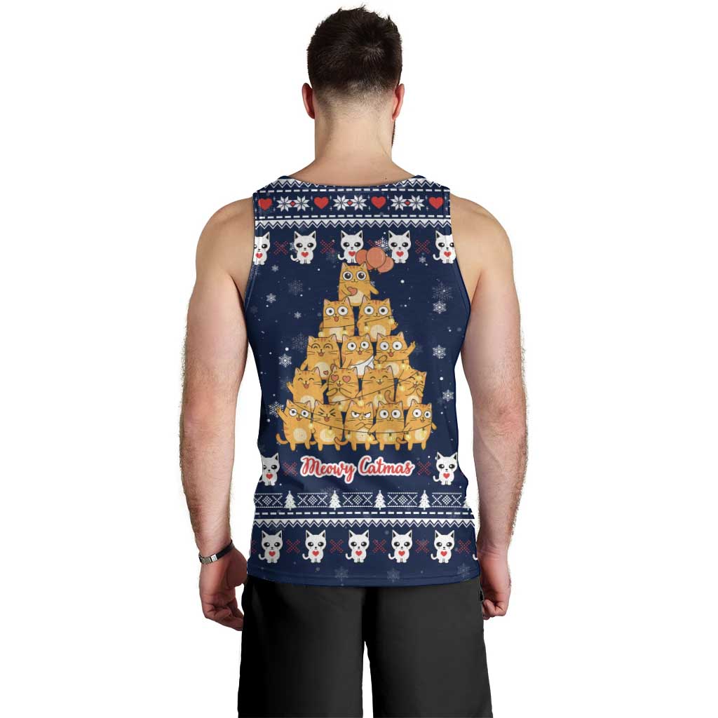 Meowy Catmas Men Tank Top with Orange Cats Christmas Tree and Snowflake Pattern Design - Wonder Print Shop