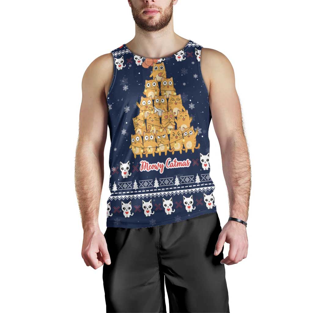 Meowy Catmas Men Tank Top with Orange Cats Christmas Tree and Snowflake Pattern Design - Wonder Print Shop