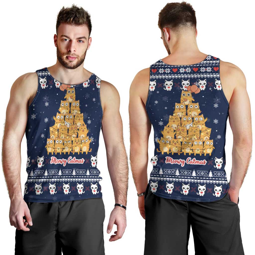 Meowy Catmas Men Tank Top with Orange Cats Christmas Tree and Snowflake Pattern Design - Wonder Print Shop