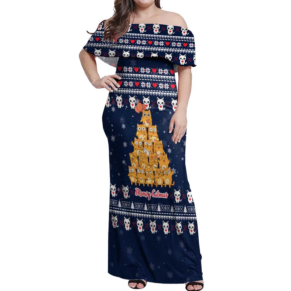 Meowy Catmas Off Shoulder Maxi Dress with Orange Cats Christmas Tree and Snowflake Pattern Design - Wonder Print Shop