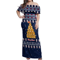 Meowy Catmas Off Shoulder Maxi Dress with Orange Cats Christmas Tree and Snowflake Pattern Design - Wonder Print Shop