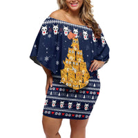 Meowy Catmas Off Shoulder Short Dress with Orange Cats Christmas Tree and Snowflake Pattern Design - Wonder Print Shop