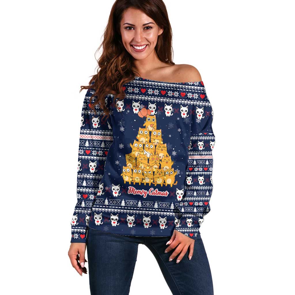 Meowy Catmas Off Shoulder Sweater with Orange Cats Christmas Tree and Snowflake Pattern Design - Wonder Print Shop