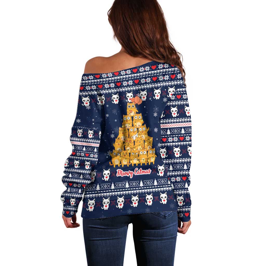Meowy Catmas Off Shoulder Sweater with Orange Cats Christmas Tree and Snowflake Pattern Design - Wonder Print Shop