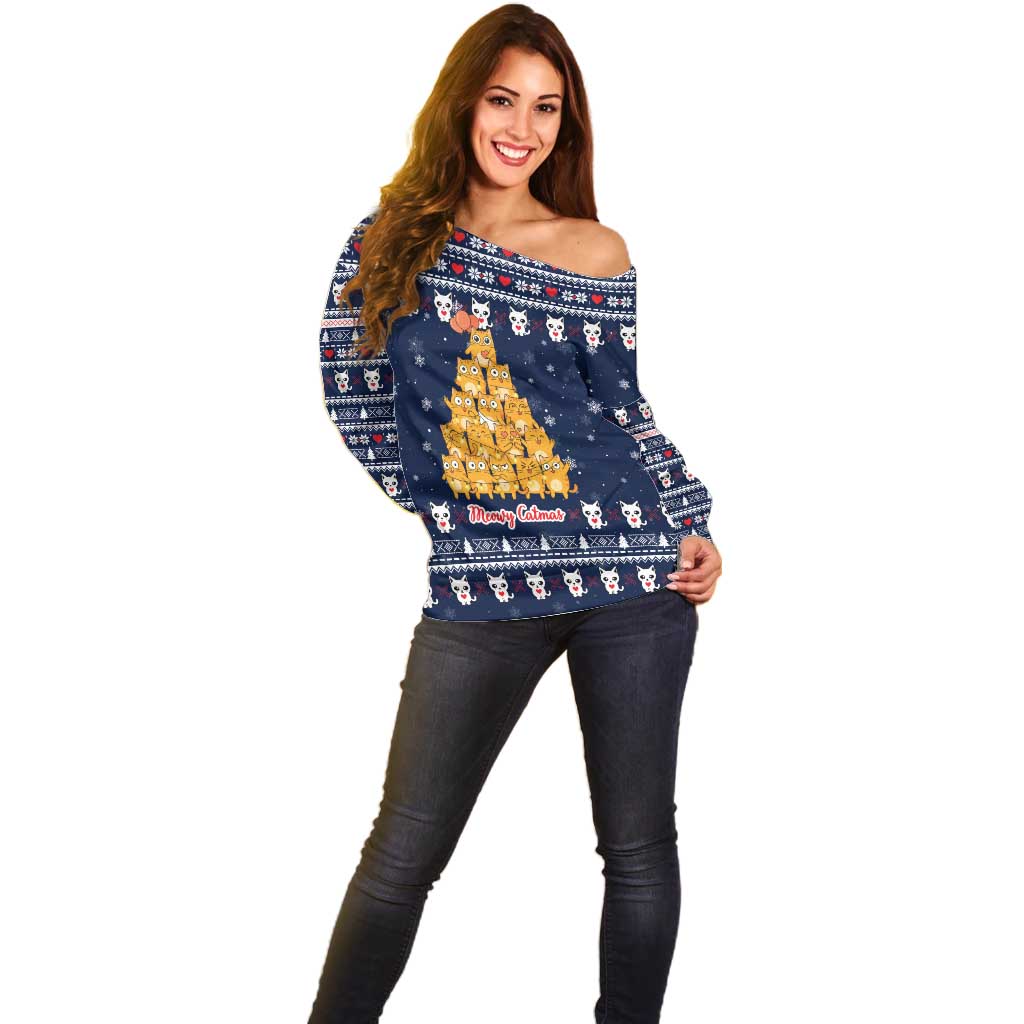 Meowy Catmas Off Shoulder Sweater with Orange Cats Christmas Tree and Snowflake Pattern Design - Wonder Print Shop