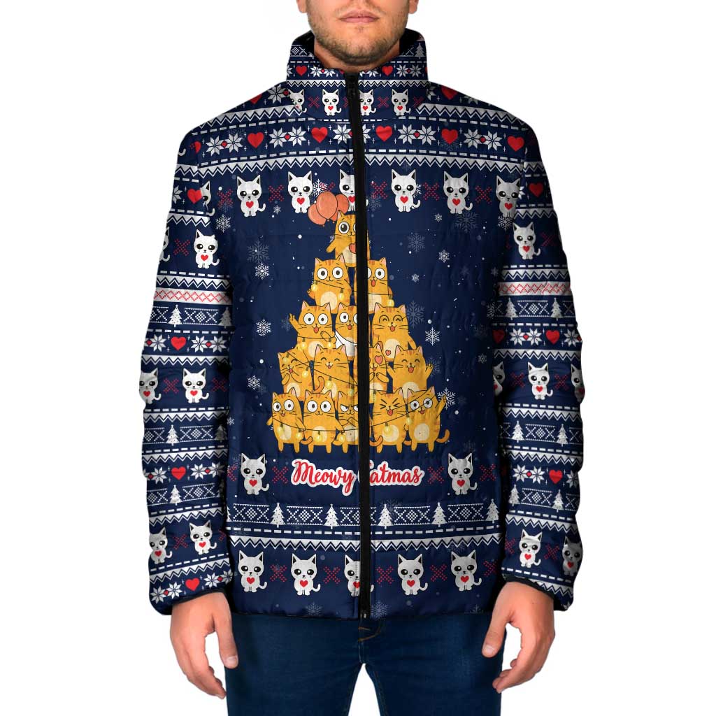 Meowy Catmas Padded Jacket with Orange Cats Christmas Tree and Snowflake Pattern Design - Wonder Print Shop