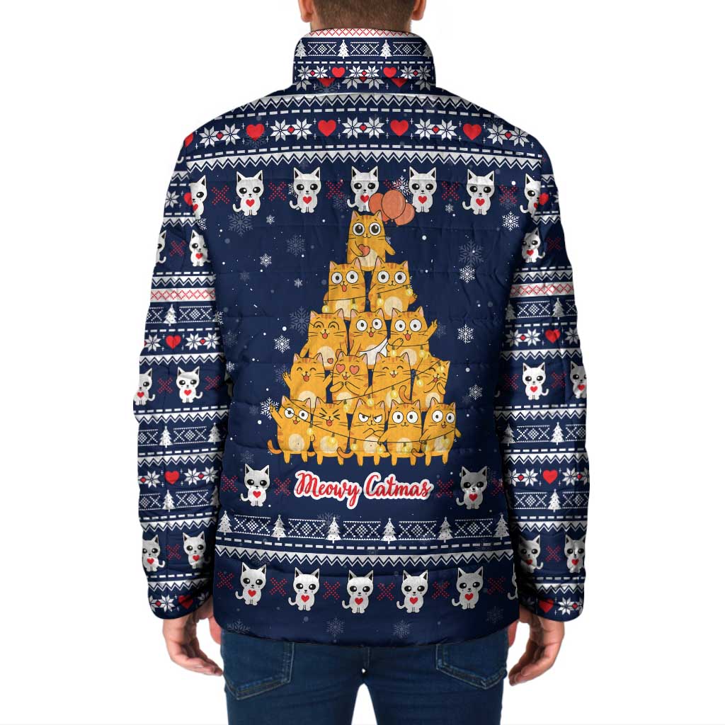Meowy Catmas Padded Jacket with Orange Cats Christmas Tree and Snowflake Pattern Design - Wonder Print Shop