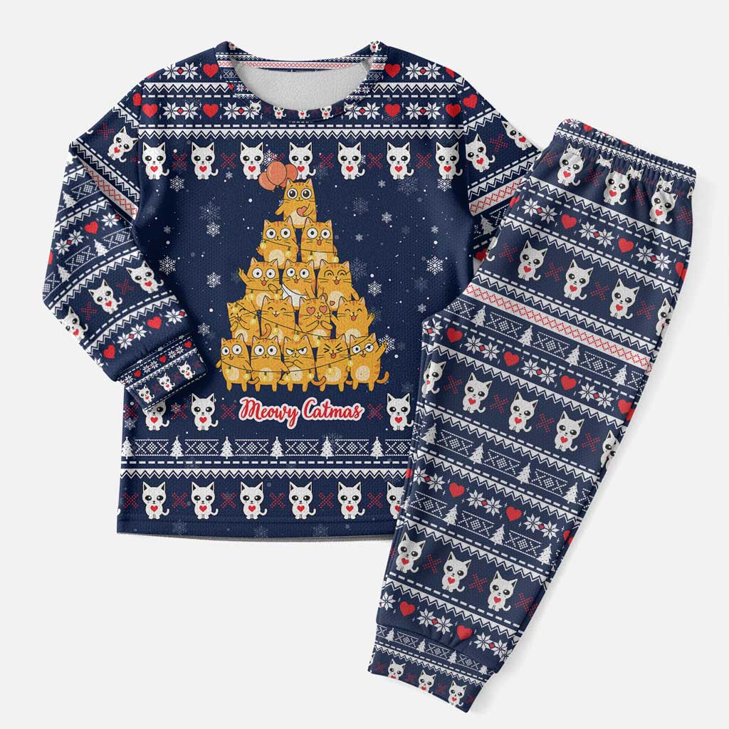 Meowy Catmas Christmas Pajama Set with Orange Cats Christmas Tree and Snowflake Pattern Design - Wonder Print Shop