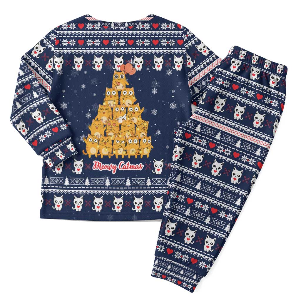 Meowy Catmas Christmas Pajama Set with Orange Cats Christmas Tree and Snowflake Pattern Design - Wonder Print Shop