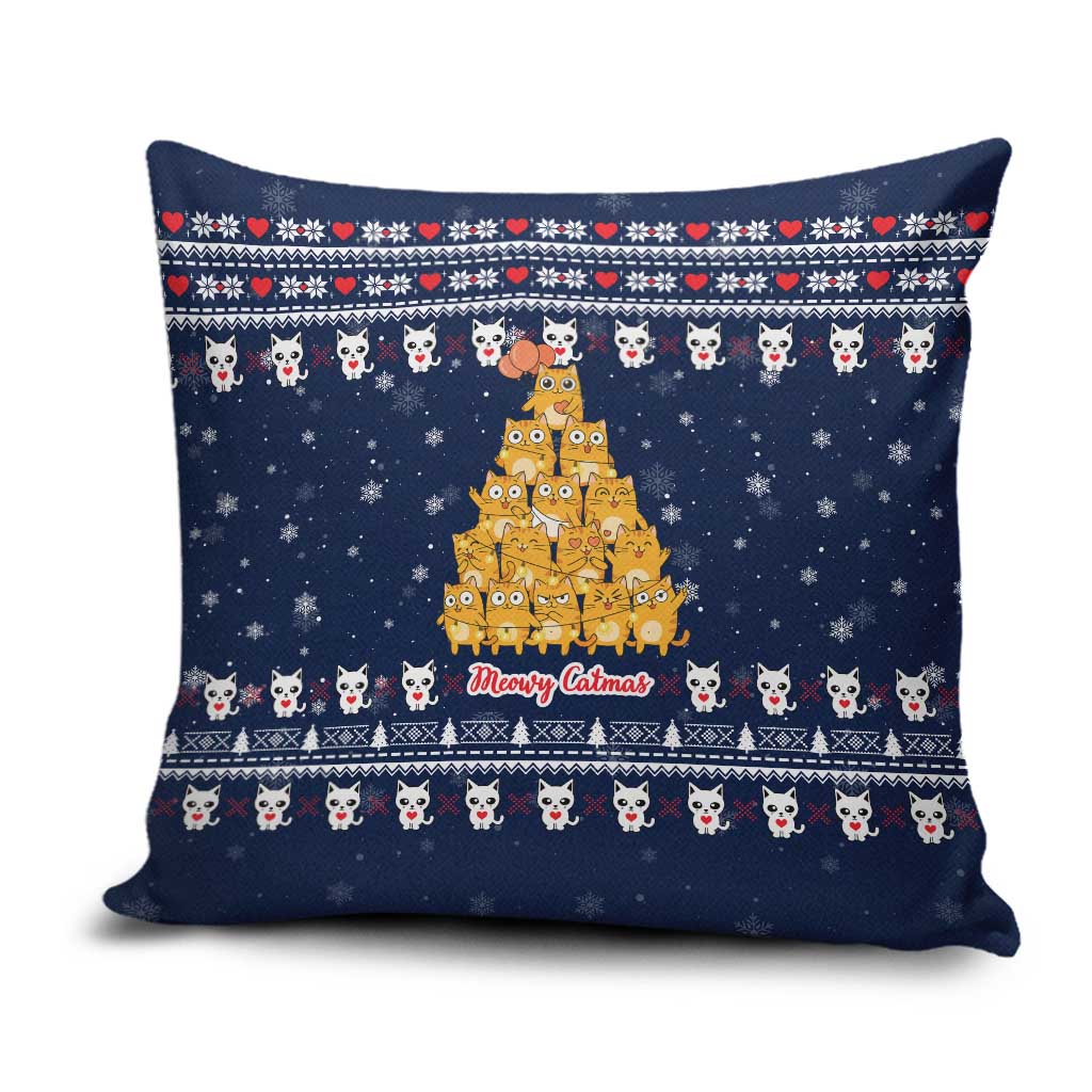 Meowy Catmas Pillow Cover with Orange Cats Christmas Tree and Snowflake Pattern Design - Wonder Print Shop