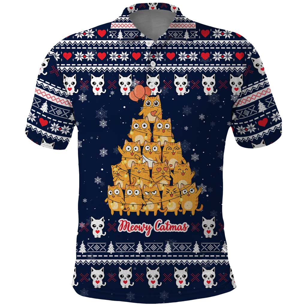 Meowy Catmas Polo Shirt with Orange Cats Christmas Tree and Snowflake Pattern Design - Wonder Print Shop