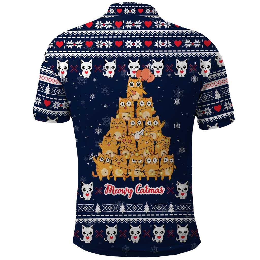 Meowy Catmas Polo Shirt with Orange Cats Christmas Tree and Snowflake Pattern Design - Wonder Print Shop