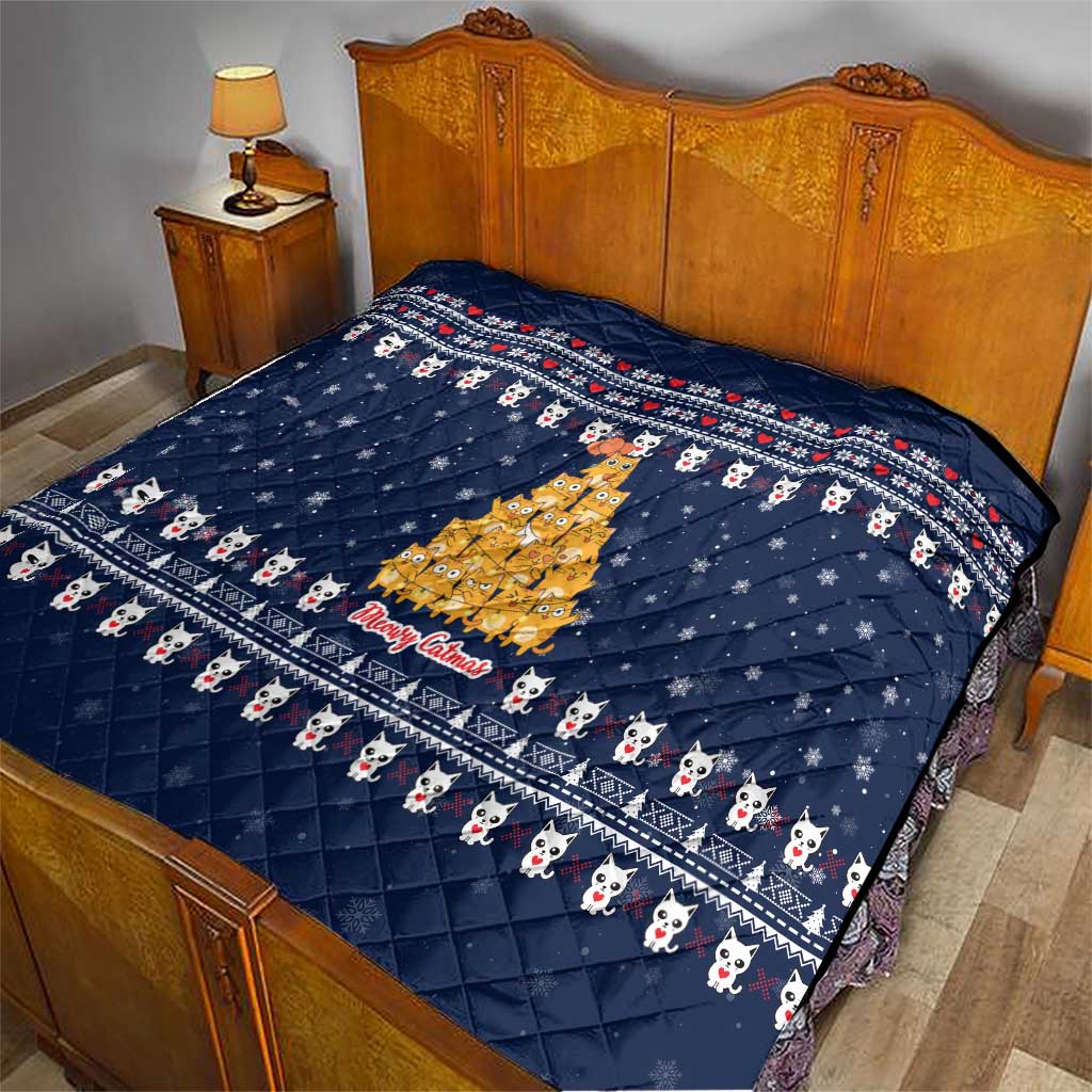 Meowy Catmas Quilt with Orange Cats Christmas Tree and Snowflake Pattern Design - Wonder Print Shop