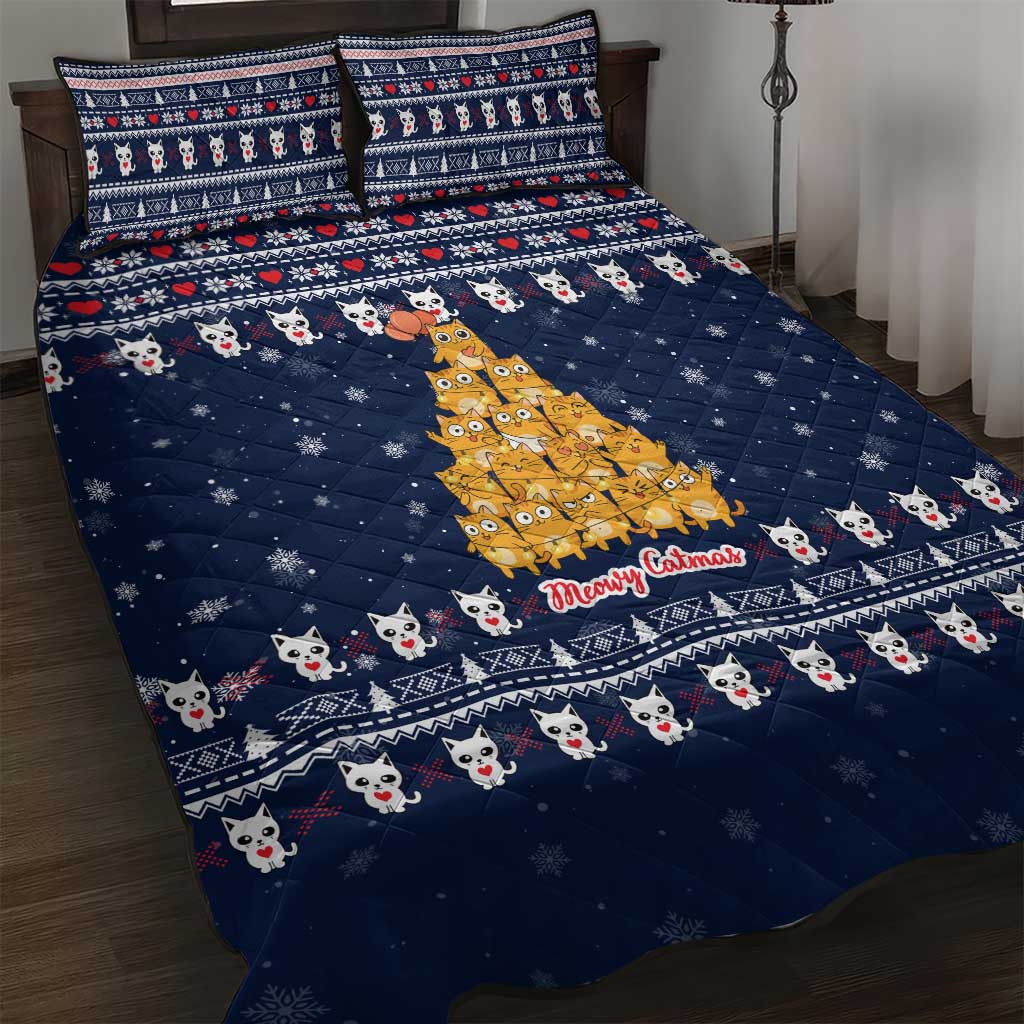 Meowy Catmas Quilt Bed Set with Orange Cats Christmas Tree and Snowflake Pattern Design - Wonder Print Shop