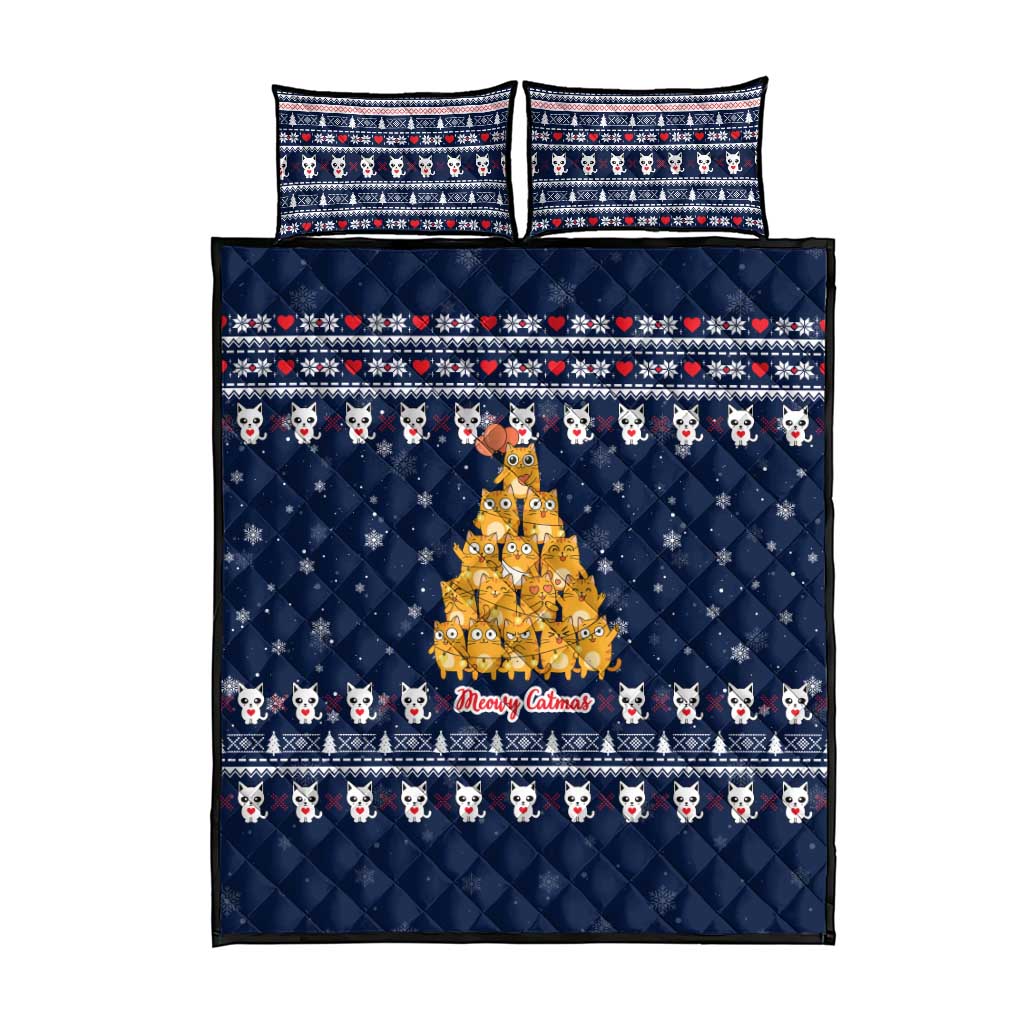 Meowy Catmas Quilt Bed Set with Orange Cats Christmas Tree and Snowflake Pattern Design - Wonder Print Shop