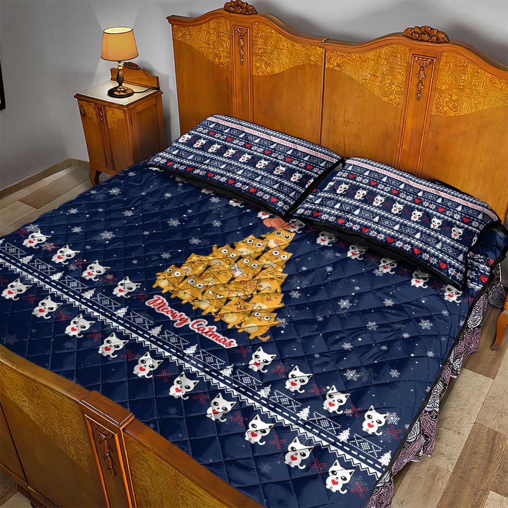 Meowy Catmas Quilt Bed Set with Orange Cats Christmas Tree and Snowflake Pattern Design - Wonder Print Shop