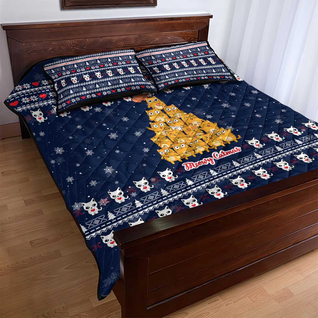 Meowy Catmas Quilt Bed Set with Orange Cats Christmas Tree and Snowflake Pattern Design - Wonder Print Shop