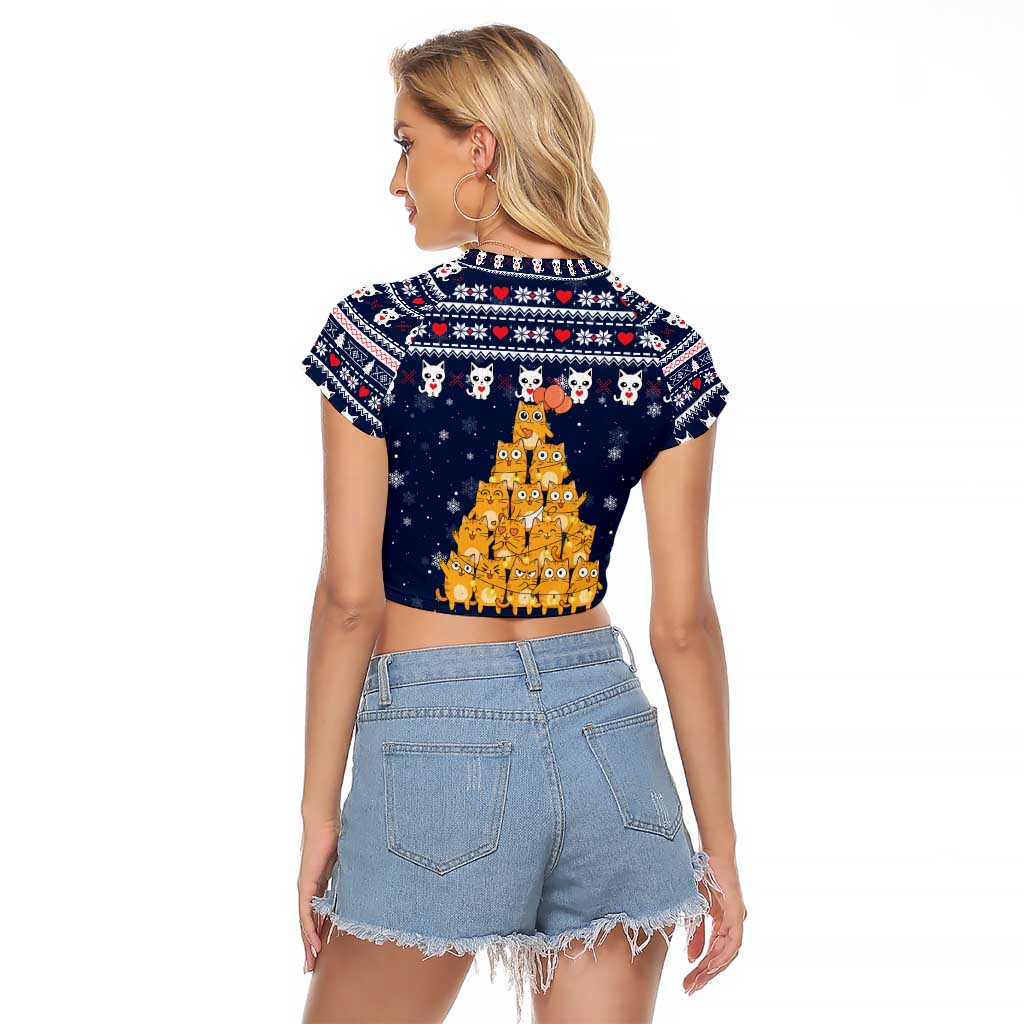 Meowy Catmas Raglan Cropped T Shirt with Orange Cats Christmas Tree and Snowflake Pattern Design - Wonder Print Shop