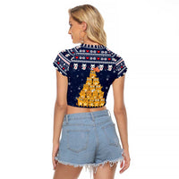 Meowy Catmas Raglan Cropped T Shirt with Orange Cats Christmas Tree and Snowflake Pattern Design - Wonder Print Shop