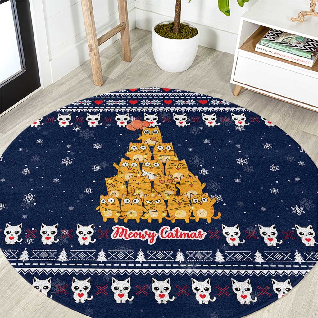 Meowy Catmas Round Carpet with Orange Cats Christmas Tree and Snowflake Pattern Design - Wonder Print Shop