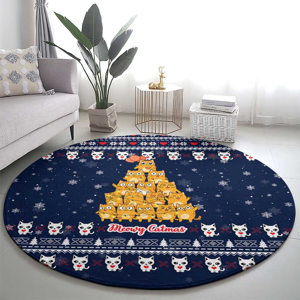 Meowy Catmas Round Carpet with Orange Cats Christmas Tree and Snowflake Pattern Design - Wonder Print Shop