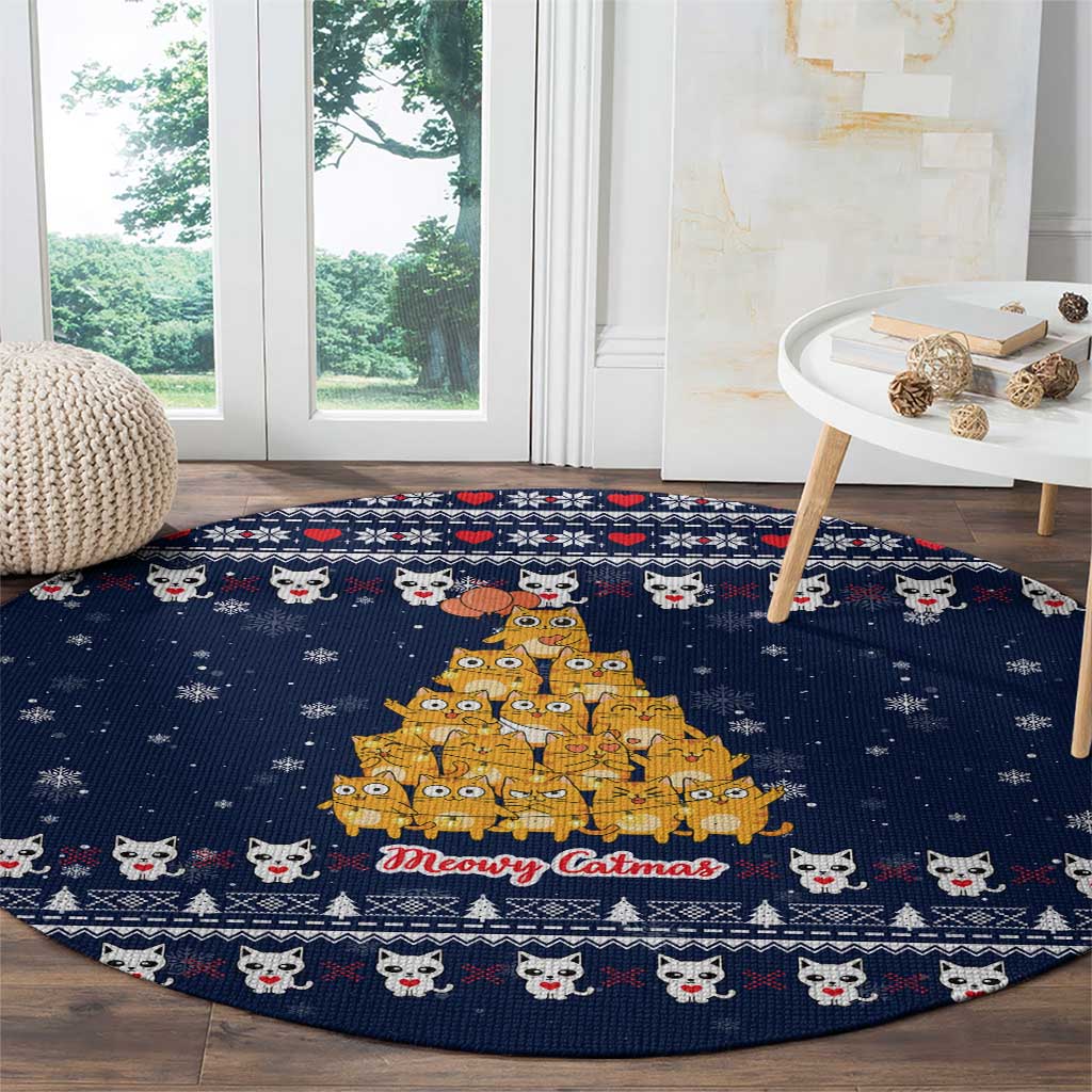 Meowy Catmas Round Carpet with Orange Cats Christmas Tree and Snowflake Pattern Design - Wonder Print Shop