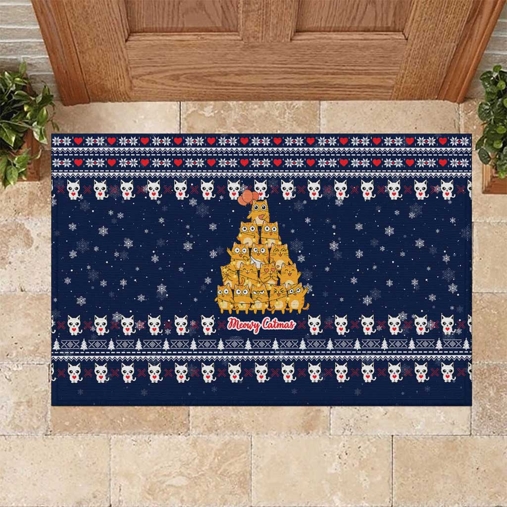 Meowy Catmas Rubber Doormat with Orange Cats Christmas Tree and Snowflake Pattern Design - Wonder Print Shop