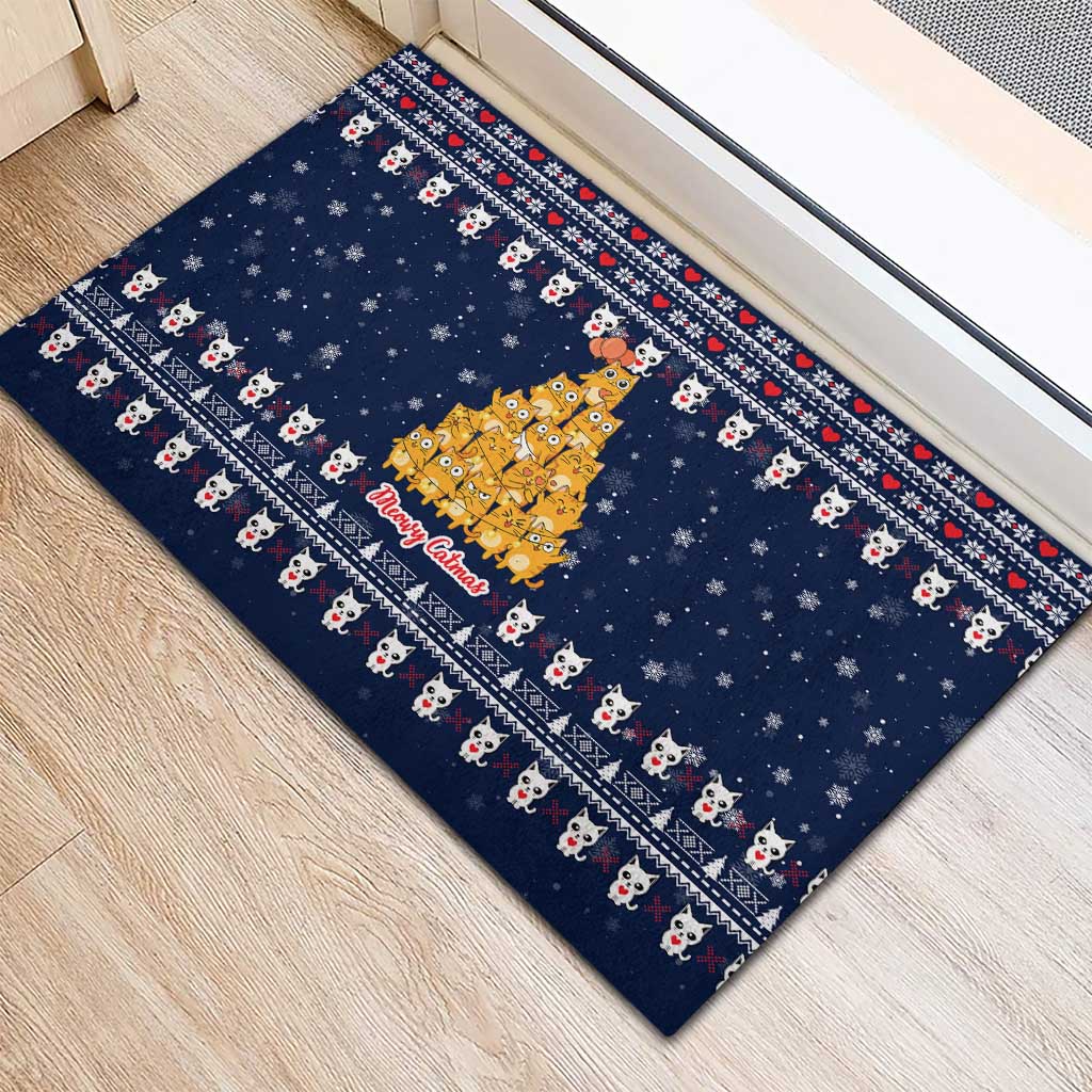Meowy Catmas Rubber Doormat with Orange Cats Christmas Tree and Snowflake Pattern Design - Wonder Print Shop