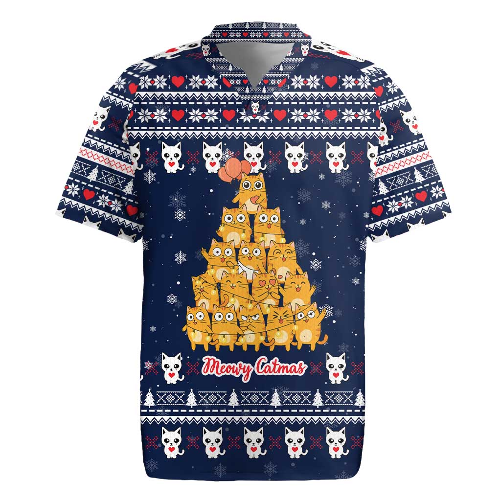 Meowy Catmas Rugby Jersey with Orange Cats Christmas Tree and Snowflake Pattern Design - Wonder Print Shop