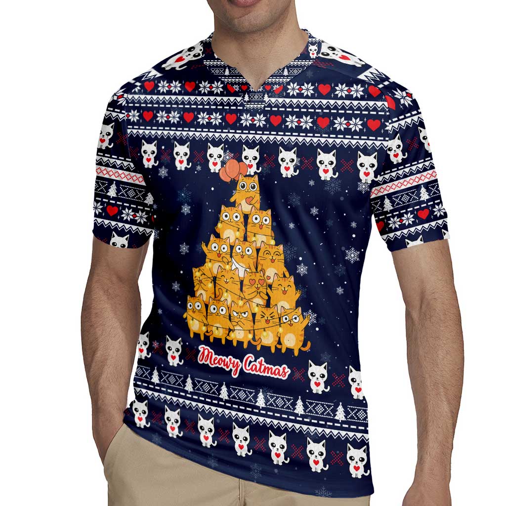 Meowy Catmas Rugby Jersey with Orange Cats Christmas Tree and Snowflake Pattern Design - Wonder Print Shop