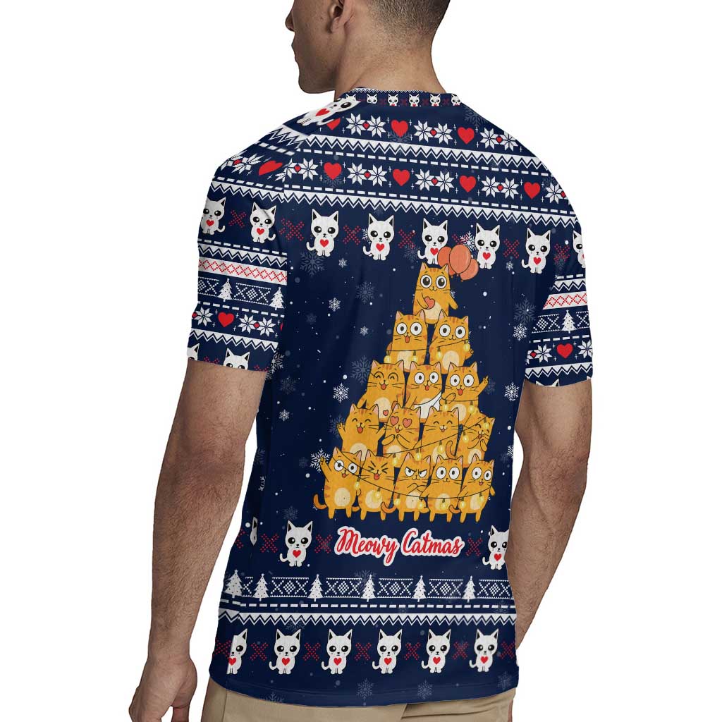 Meowy Catmas Rugby Jersey with Orange Cats Christmas Tree and Snowflake Pattern Design - Wonder Print Shop
