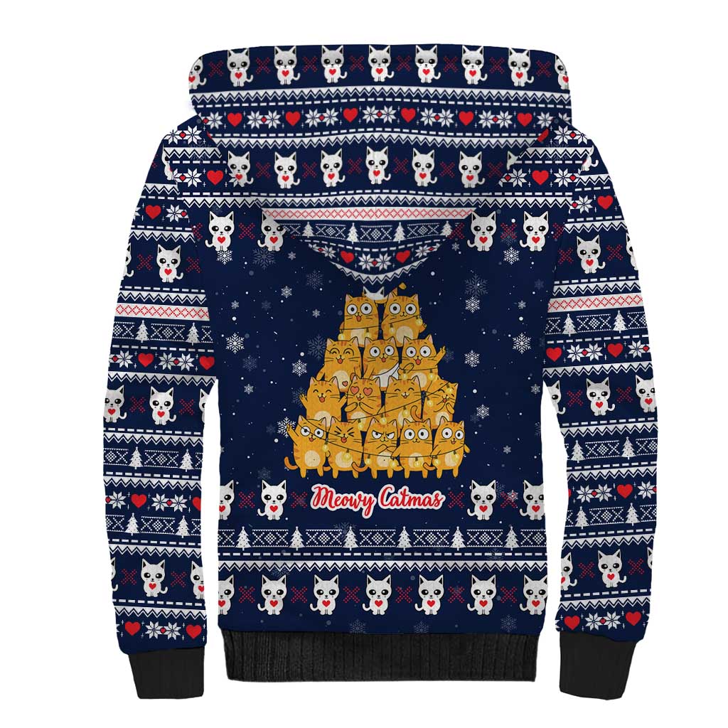 Meowy Catmas Sherpa Hoodie with Orange Cats Christmas Tree and Snowflake Pattern Design - Wonder Print Shop
