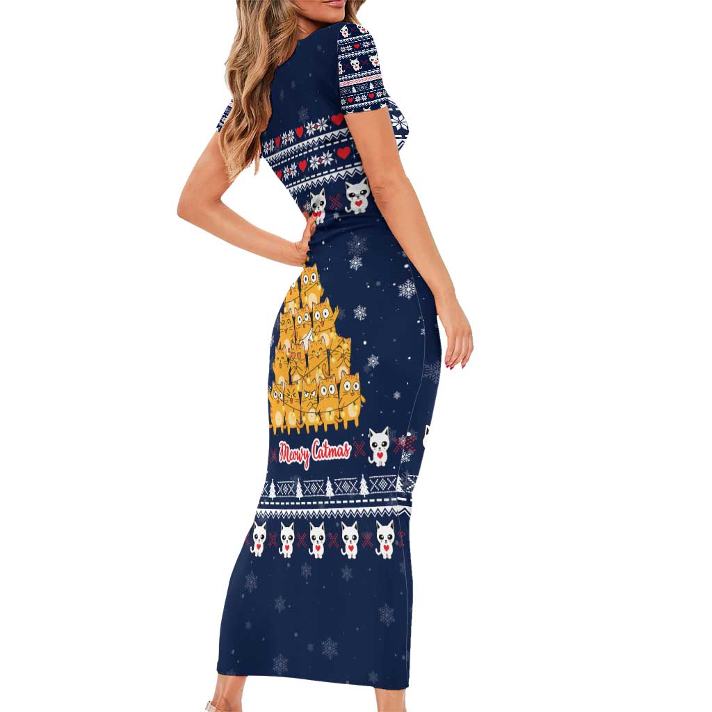 Meowy Catmas Short Sleeve Bodycon Dress with Orange Cats Christmas Tree and Snowflake Pattern Design - Wonder Print Shop