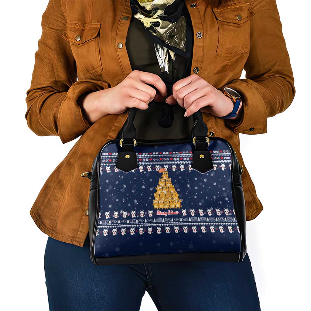 Meowy Catmas Shoulder Handbag with Orange Cats Christmas Tree and Snowflake Pattern Design - Wonder Print Shop