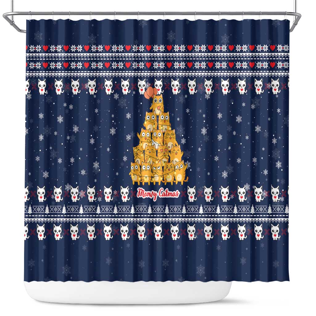Meowy Catmas Shower Curtain with Orange Cats Christmas Tree and Snowflake Pattern Design - Wonder Print Shop