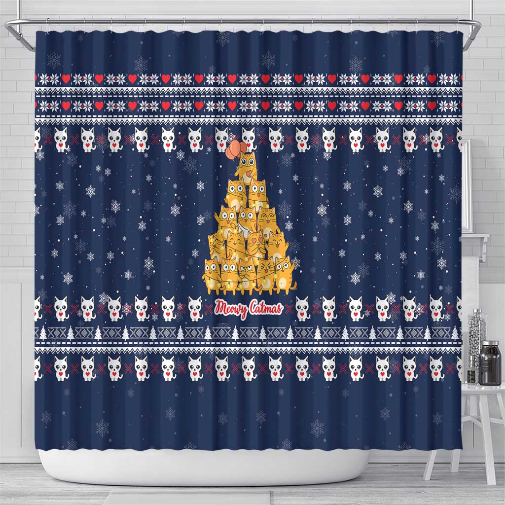 Meowy Catmas Shower Curtain with Orange Cats Christmas Tree and Snowflake Pattern Design - Wonder Print Shop